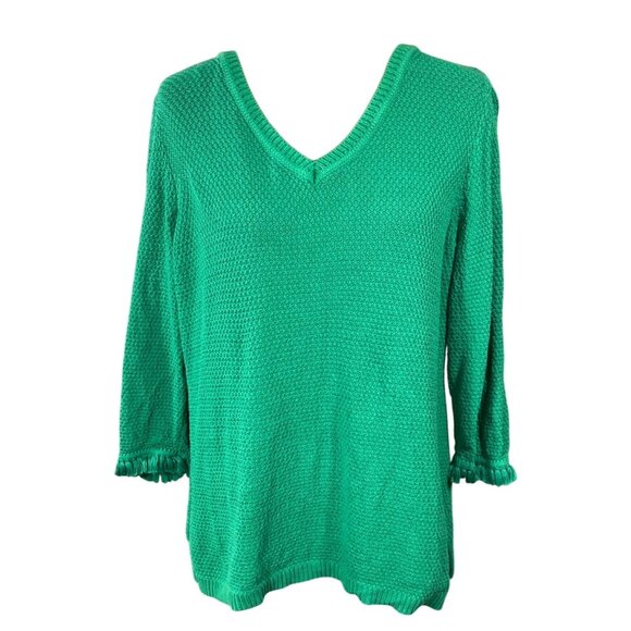 Talbots Knit Sweater Fringe Sleeve Kelly Green Size L Large Cotton V-Neck - Picture 1 of 6